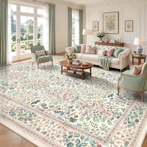 10x14 Large Area Rugs, Machine Washable Low Pile Floral Rugs for Living Room, Bedroom, Boho Style with Non-Slip Backing Nursery Rug(Pink Floral)