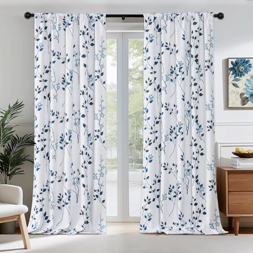 Beauoop Floral 100% Blackout Curtains 84 Inches Long 2 Panels for Bedroom Living Room Navy Blue and White Flower Patterned Room Darkening Thermal Soundproof Rod Pocket Back Tab Window Drapes, 52X84