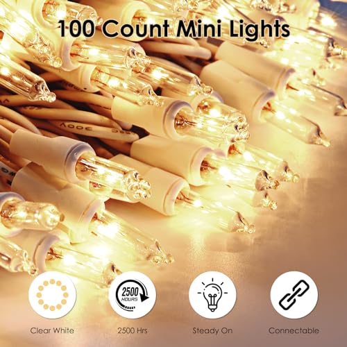 Meteds Christmas Lights 100 Count Clear White Wire UL Certified Connectable Warm White String Lights for Christmas Tree,Garland,Home,Patio, Wedding,Party,Festival Decor