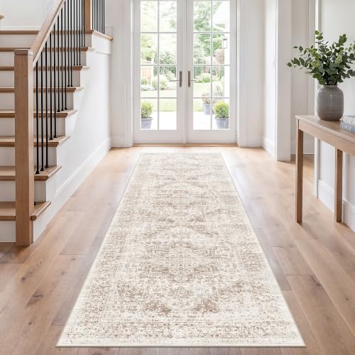 3x9 Washable Hallway Runner Rug: Wide Non Slip Soft Indoor Rugs Ivory Beige