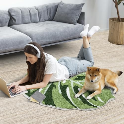 Panstar Green Leaf Kids Rug, Monstera Shaped Rug for Bedroom Bathroom Non Slip Microfiber Tufted Plant Large Bath Mat Boho Home Decor Large Size 43"X36"