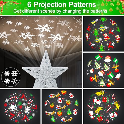 Christmas Tree Topper Projector Lights with 6 Projection Modes, Sliver Star Christmas Tree Topper with Built-in LED Projector, Dynamic Projection for Christmas Party Holiday Decoration