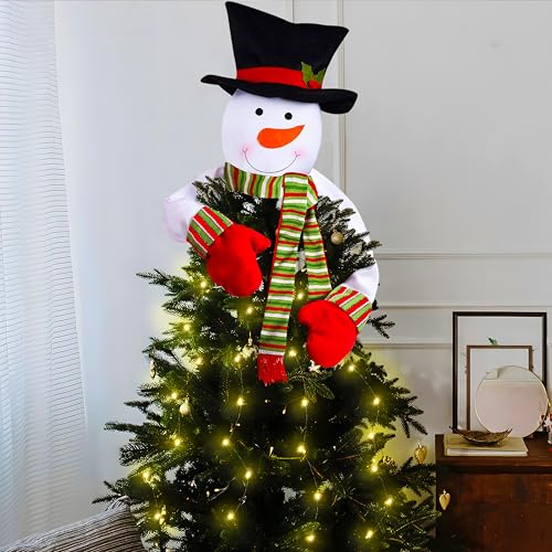 Christmas Tree Topper Snowman Hugger with Lights Strips - Xmas Holiday Winter Wonderland Party Decoration Ornament Supplies