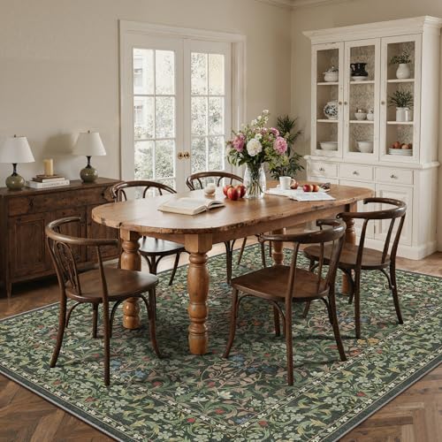 3x5 Washable Area Rug for Living Room, Vintage Floral, Olive Green
