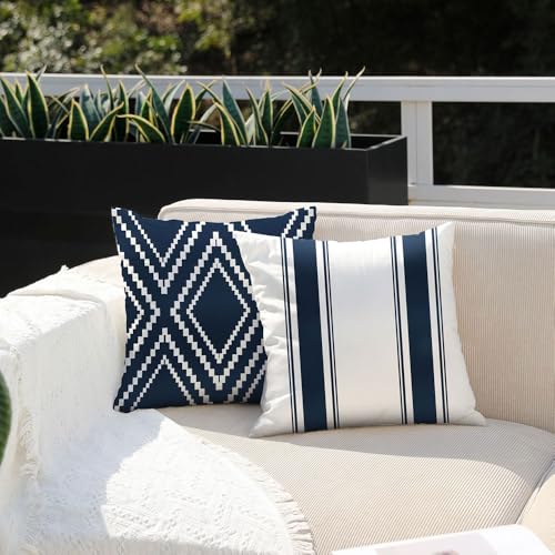 DFXSZ Outdoor Pillow Covers 18x18 Inch Set of 4 Navy Blue Waterproof Modern Geometry Throw Pillows Outdoor Summer Waterproof Decor for Patio Funiture Garden Polyester Cushion Covers 013N18