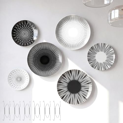Hicarer Set of 6 Black and White Plate Wall Decor Minimalist Ceramic Plate Wall Art with W-shaped Invisible Hooks & Silver Nails, Multi-use Dinner Plates for Home Office Art & Dining