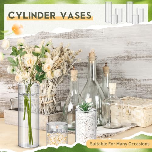 Nuogo Plastic Cylinder Vases Tall Plastic Flower Vases for Centerpieces Flower Holder for Home Wedding Office Party Formal Dinners Decorations(4''/6''/8'', Modern, 12 Pcs)