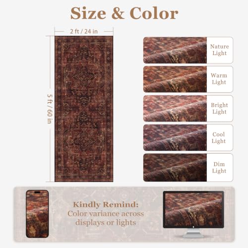 Washable Hallway Runner Rug 2'x5', Vintage Medallion, Dark Red