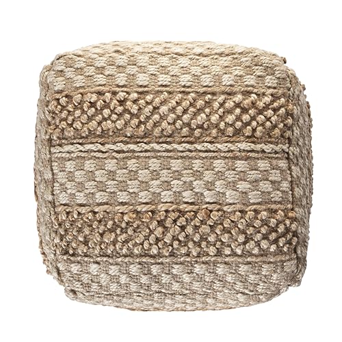 LR Home Natural/Off-White Square Ottoman Pouf for Home Decor | Striped Hand-Woven Jute Cotton Blend Square Pouf Ottoman Foot Rest for Bedroom & Living Room Decor | 18" D X 18" W X 18" H