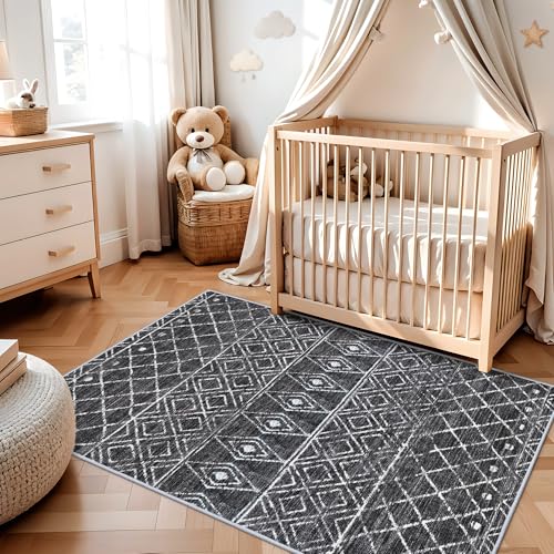3x5 Washable Moroccan Area Rug: Ultra Soft Low Pile Non Slip Rugs Black