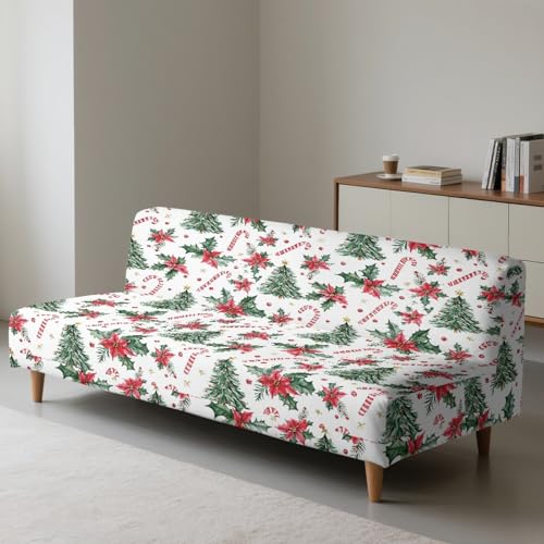 Christmas Tree Armless Sofa Bed Cover Candy Cane Print Stretch Couch Slipcover Folding Sofa Couch Futon Covers Full Size Furniture Protector Cover