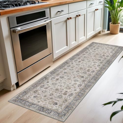 KOZYFLY Vintage Washable Rug Runner 2x7 Grey Floral