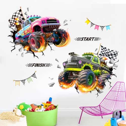 Tanlaby 3D Racing Car Wall Decals Monster Truck Break Through Wall Sticker Peel and Stick Decal for Baby Boys Kids Bedroom Nursery Playroom Decor