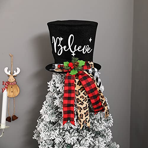 Christmas Tree Topper Hat, Black Velvet Bowler Derby Hat Topper with Long Plaid Ribbon Ornament, Christmas Snowman Topper Hat for Home Holiday Tree Decoration (Christmas Tree Topper Hat (10 x 8 Inch))