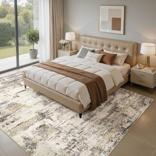 Area Rugs for Living Room: 5x7 Abstract Washable Rug Modern Neutral Large Soft Stain Resistant Non-Slip Backing Machine Table for Bedroom Dining Room Indoor Home Office Carpet - Gold Brown