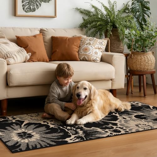 Findosom Hallway Runner Rug 2x8, Non Slip High-Low Textured Floral Washable Runner Rug with Rubber Backing, Boho Carpet Runner for Kitchen, Entryway, Bedroom, Laundry, Black & Beige