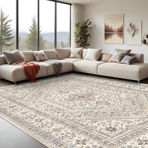 10x14 Washable Area Rug for Living Room - Non-Slip Vintage Rugs Beige Gray