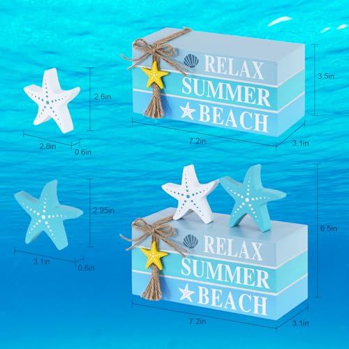 Beach Summer Table Decor, Starfish Wooden Stacked Books Sign for Ocean Tiered Tray Decorations, Coastal Nautical Shelf Table Centerpiece for Home, Room, Mantel, Tabletop, Farmhouse Gift