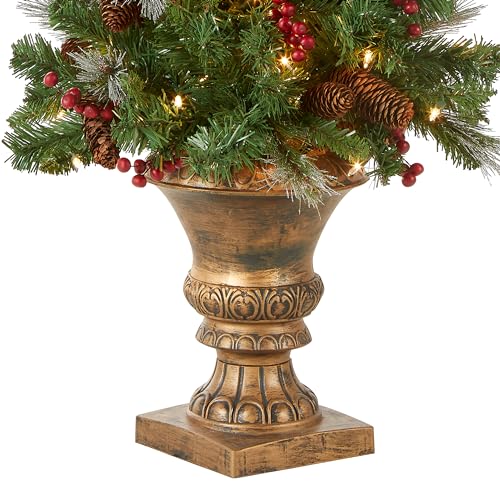National Tree Company 4 ft Pre-Lit Crestwood Spruce Mini Artificial Christmas Entrance Tree, 100 Clear Lights, 230 Tips, Glitter, Pinecones, Red Berries, Gold Rubbed Pedestal Base, Green