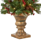 National Tree Company 4 ft Pre-Lit Crestwood Spruce Mini Artificial Christmas Entrance Tree, 100 Clear Lights, 230 Tips, Glitter, Pinecones, Red Berries, Gold Rubbed Pedestal Base, Green