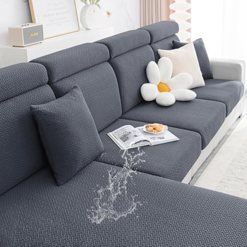 Smiry Waterproof Couch Cushion Covers for Sofa, Stretch Jacquard Seat Cushion Covers Washable, Sectional Sofa Slipcover Elastic Furniture Protector for Pets, Kid (3PC, Grey)