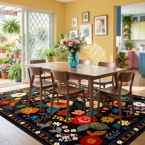 RELEANY Floral 5x7 Area Rugs Washable Print Boho Cute Carpet Non Slip Flower Low Pile for Living Room Bedroom Kitchen Office Farmhouse-Black