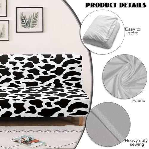 Black White Cow Pattern Armless Futon Cover, Machine Washable Sofa Slipcover with Stretch Bottom Anti-Slip Non Armrest Couch Chair Covers