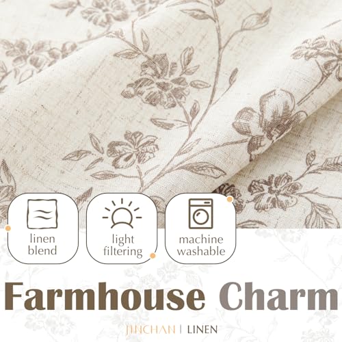 jinchan Floral Kitchen Curtains 24 Inch Linen Tier Curtains Farmhouse Cafe Half Window Drapes Over Sink Light Filtering Taupe on Beige for Living Room Laundry Tie Top 2 Panels