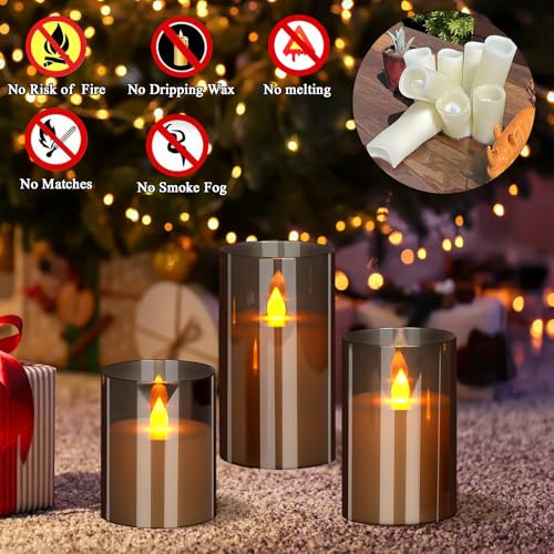 wemarry Flameless Candles 4" 5" 6" Acrylic Glass Pillars 3" Diameter Battery Operated Flickering Candles Include 8-Key Remote with Timer Function 400+ Hours (Gray, Warm Light 3 Pack)