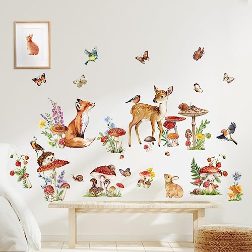 wondever Woodland Animal Wall Stickers Mushroom Deer Fox Peel and Stick Wall Decals for Kids Bedroom Baby Nursery