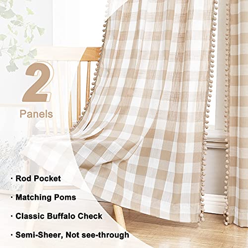 Treatmentex Buffalo Check Curtains 84inch Farmhouse Pom Pom Drapes for Living Room Vintage Gingham Plaid Semi Sheer Tan Window Curtains for Bedroom Kitchen 2 Panels Rod Pocket Taupe and White