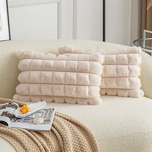 Neelvin Beige Faux Fur Cozy Soft Plaid Decorative Throw Pillow Covers 12x20 inch Set of 2,Velvet Pillowcase Cushion Case for Sofa Couch