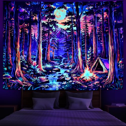 Racunbula Blacklight Fantasy Forest Tapestry UV Reactive Galaxy Space Moon Tapestry Trippy Pine Trees Wall Tapestries Nature Landscape Mountain River Tapestries Wall Hanging for Bedroom