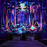 Racunbula Blacklight Fantasy Forest Tapestry UV Reactive Galaxy Space Moon Tapestry Trippy Pine Trees Wall Tapestries Nature Landscape Mountain River Tapestries Wall Hanging for Bedroom