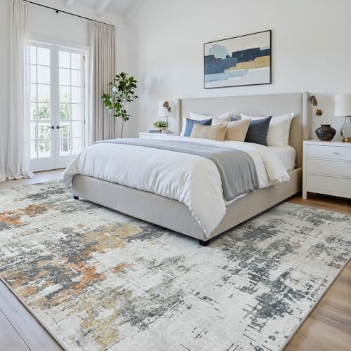 8x10 Area Rugs for Living Room: Washable Soft Grey Abstract Bedroom Carpet