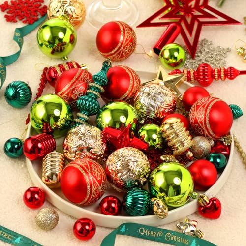 Christmas Tree Ornaments 78 Pack Christmas Tree Decorations Red and Green Gold Christmas Ball Shatterproof Hanging Tree Ornament Set Assorted Set with Hooks
