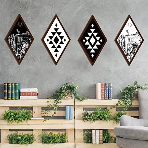 Ferraycle 4 Pcs Boho Cactus Wall Decor Aztec Wall Art Cactus Desert Western Farmhouse Home Decor Wooden Geometric Diamond Hanging Frame VBS(6.7 x 11.8 Inch)