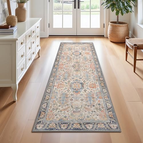 2x7 Hallway Runner Rug Non Slip, Washable Boho Tumble Cream Blue Rug