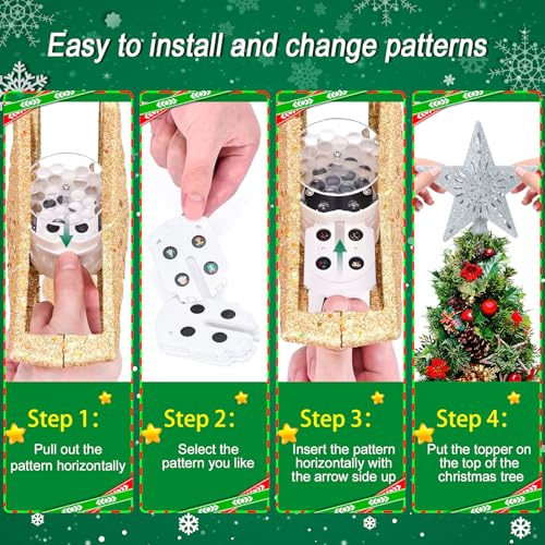 Christmas Tree Topper Projector Lights with 6 Projection Modes, Sliver Star Christmas Tree Topper with Built-in LED Projector, Dynamic Projection for Christmas Party Holiday Decoration