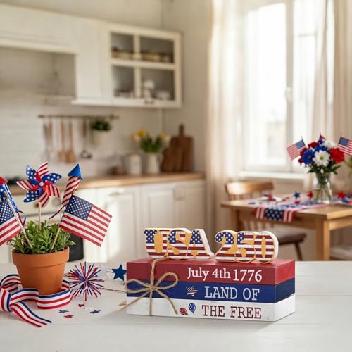 Smile 4th of July 250th Anniversary Wooden Block Stack with USA Decor, 5-Piece "Land of the F – alternate view