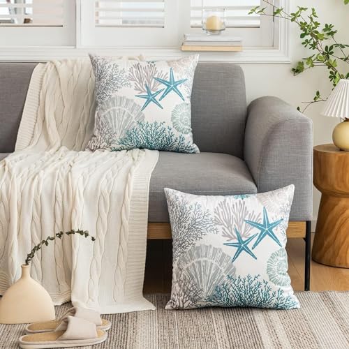 Tritard Nautical Coastal Throw Pillow Covers 18x18 Set of 2 Beach Themed Ocean Seashell Coral Starfish Velvet Couch Decorative Pillow Cases Outdoor Sofa Cushion Cover for Bedroom Living Room, Blue