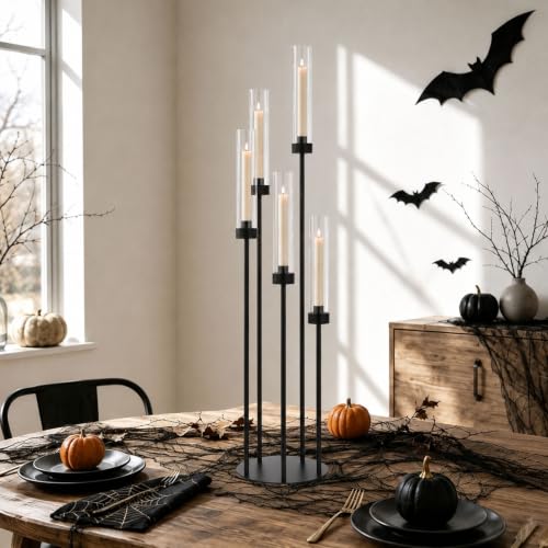 39.8'' Black 5 Arm Candelabra Candle Holder Centerpiece with Acrylic Shades