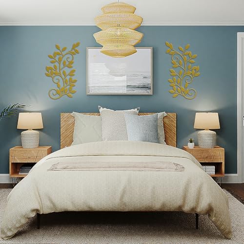 ESTART 2 Pieces Metal Tree Leaf Wall Decor Vine Olive Branch Leaf Wall Art Wrought Iron Scroll Sculptures for Above the Bed, Living Room, Bedroom, Hallway, Indoor and Outdoor Decoration (Gold)