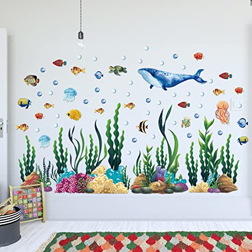 300 Pcs Ocean Wall Decals Stickers Under The Sea Ocean Animal Peel and Stick 2 Sheets Large Coral Reef and Seaweed, Bubbles Vinyl Sticker for Kids Toddler Baby Nursery Living Room Office Bathroom