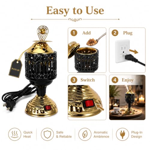 NOLITOY Mini Electric Mabkhara Incense Burner, Decorative Metal Diffuser Holder, Plug in Flame-Free Bukhoor Chips Heater for Home Office Yoga Meditation Room