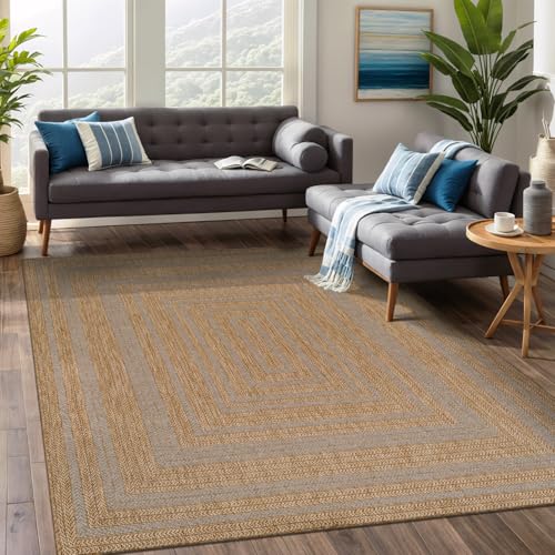 Beverly Rug Easy Jute Framed Border Rug 9x12 Washable Large Indoor Outdoor Area Rugs for Living Dining Room Patio Office Stain Resistant Non Shedding Casual Indoor Outside Carpet 9 x 12 Natural