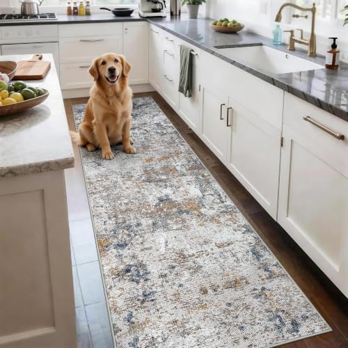 Washable 2x8 Runner Rug, Blue Rust Abstract Non-Slip for Hallway, Kitchen