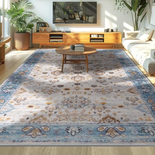 4x6 Area Rugs for Living Room, Washable Rug Vintage Floral, Blue