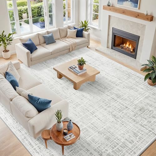 10x12 Washable Area Rug for Living Room Bedroom: Non-Slip Modern White Gray