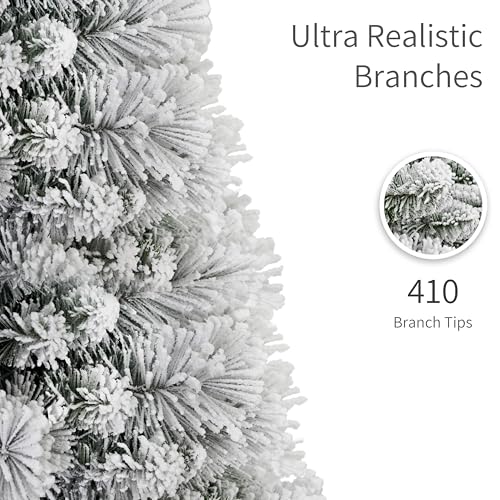 Puleo International 6.5ft Pre-Lit Flocked Portland Pine Pencil Christmas Tree with 300 Clear Lights, 410 Realistic Dense Snow Flocked Branch Tips, Easy Setup Artificial Trees with Sturdy Metal Stand